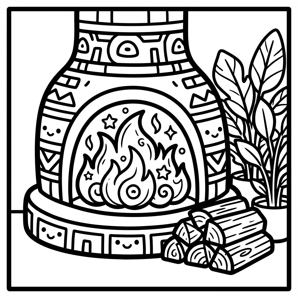 Cozy cute fireplace with smiling flames and logs, great for thick line coloring pages and easy coloring pages for toddlers.